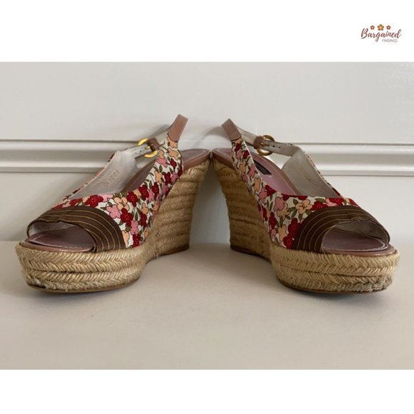 Auth LOUIS VUITTON Floral Satin Fabric Patent Ankle Strap Espadrille Wedge 7.5 - Picture 9 of 15